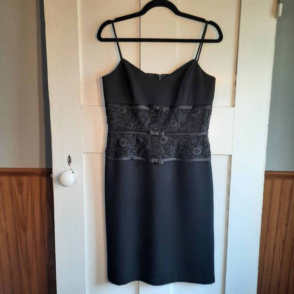 Shani Black Spaghetti Strap Beaded Bow Waist Knee Length Cocktail Dress sz 6